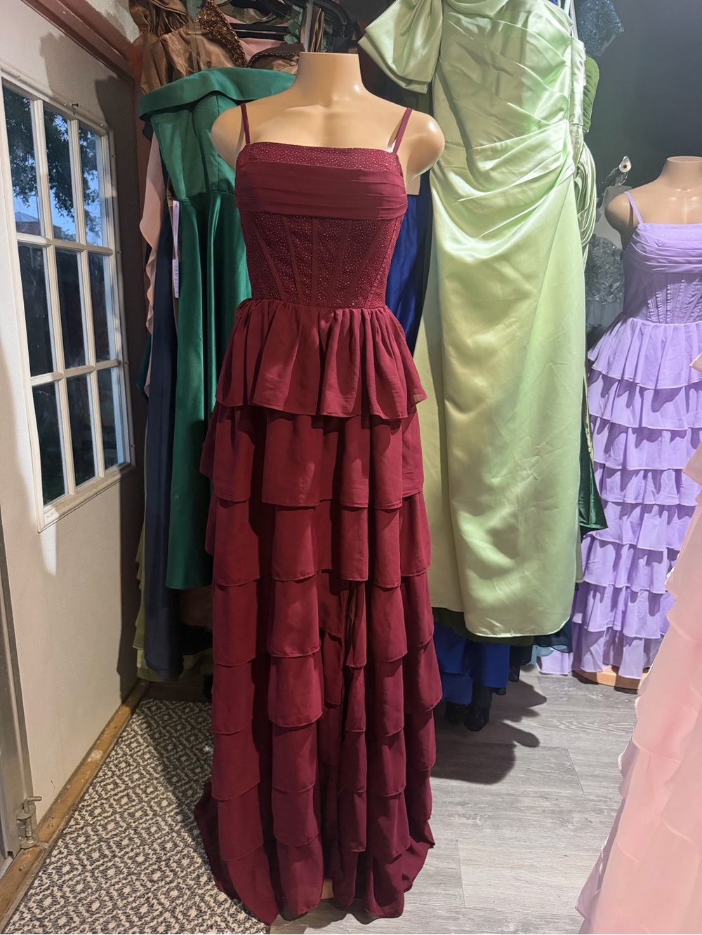 Strapless Burgundy Tiered Maxi Dress with Spaghetti Straps